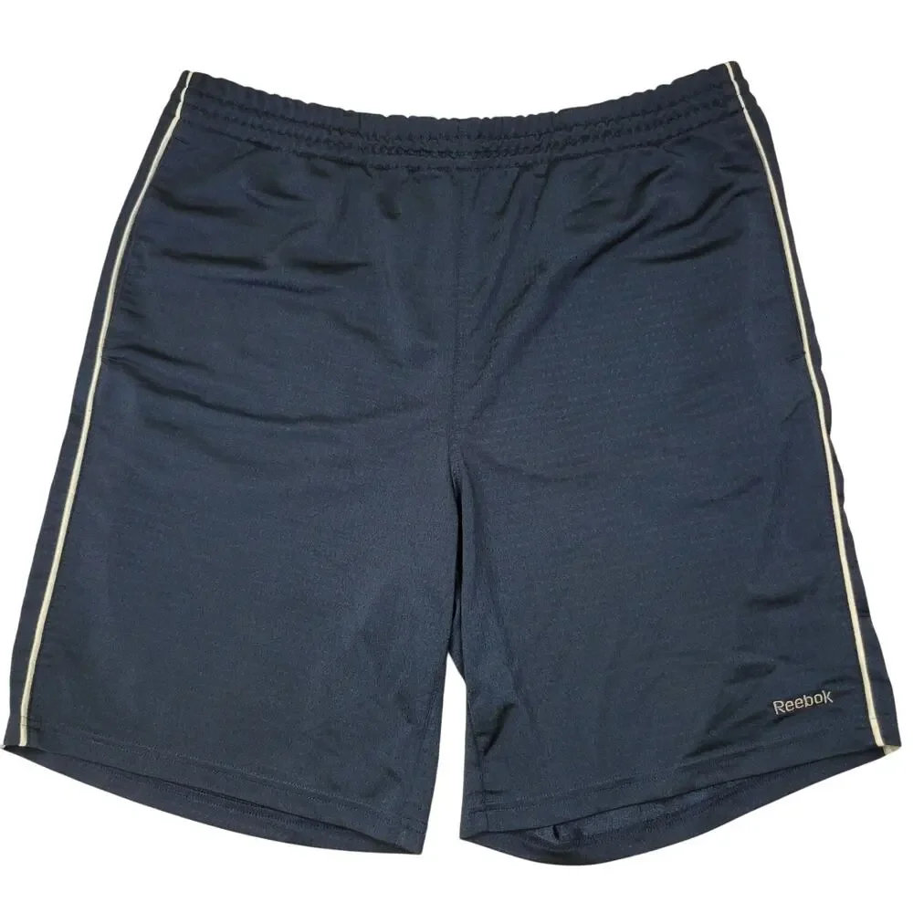 REEBOK Sport Shorts Blue White Gray Trim Drawstring Pockets 36